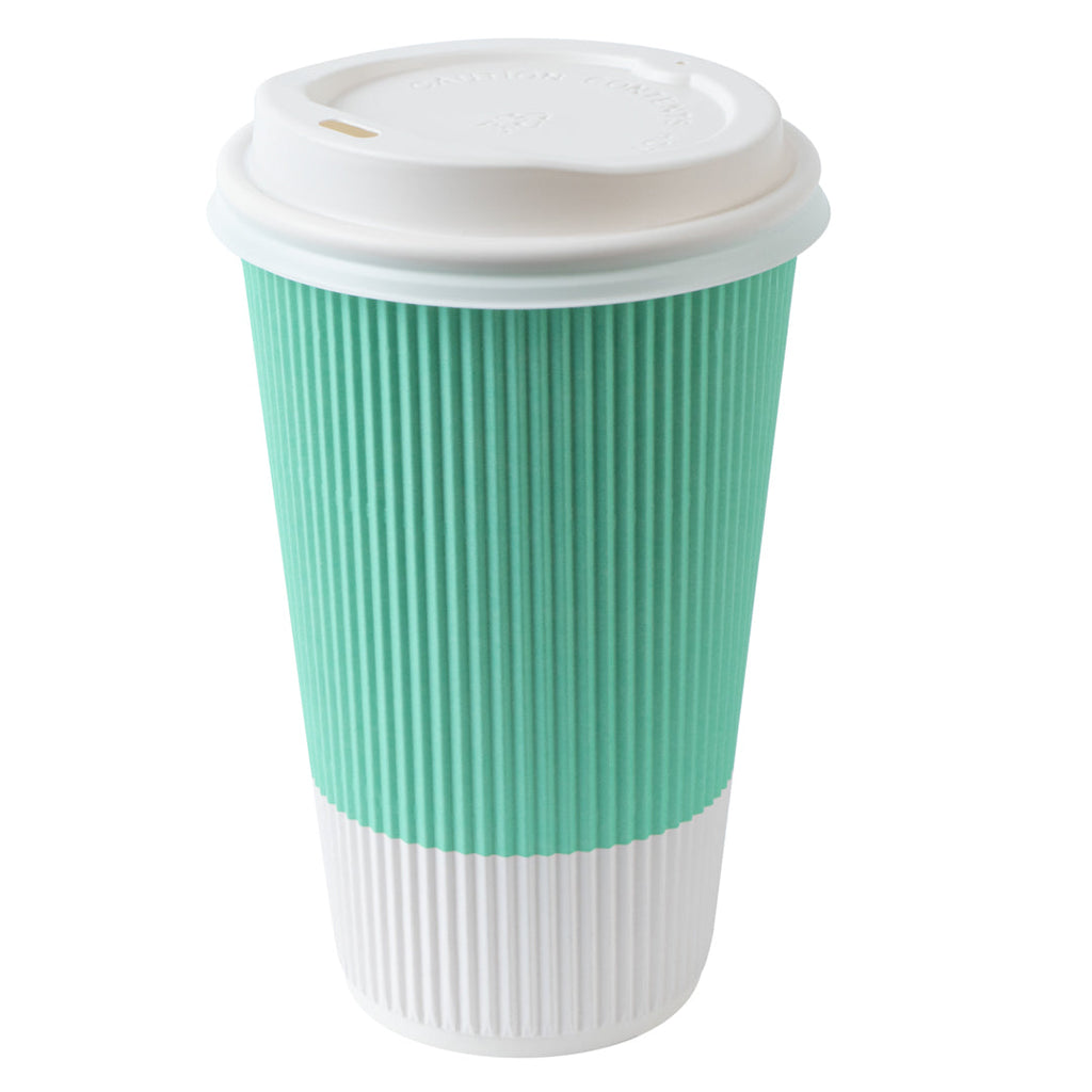 Restpresso 16 oz Light Green Paper Ripple Wall Coffee Cup - with White Lid - 3 1/2" x 3 1/2" x 6 1/4" - 20 count box
