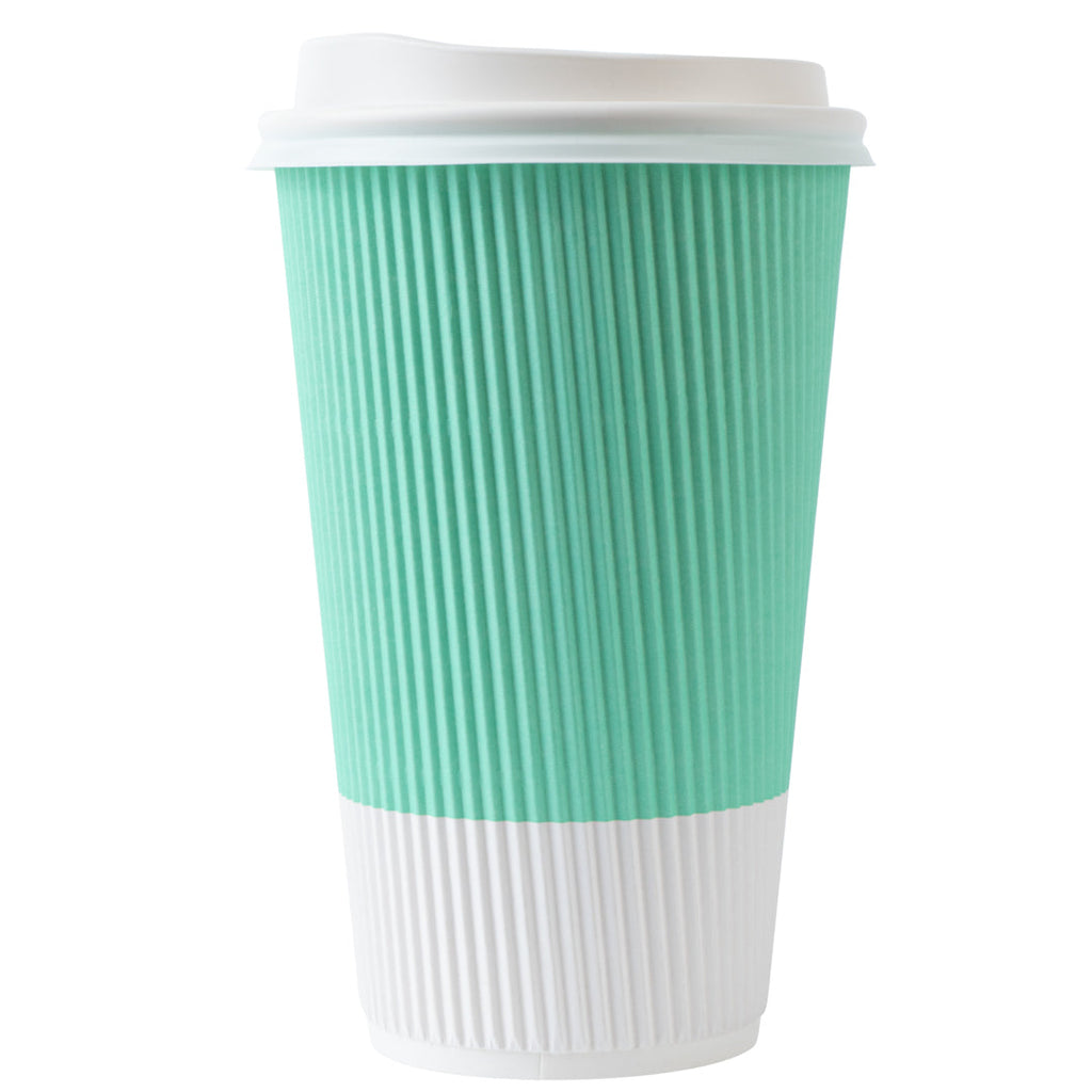 Restpresso 16 oz Light Green Paper Ripple Wall Coffee Cup - with White Lid - 3 1/2" x 3 1/2" x 6 1/4" - 20 count box