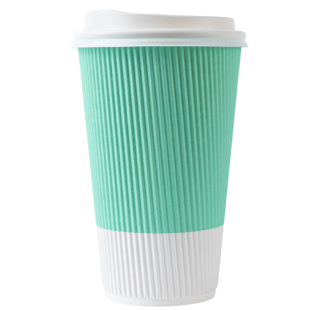Restpresso 16 oz Light Green Paper Ripple Wall Coffee Cup - with White Lid - 3 1/2" x 3 1/2" x 6 1/4" - 200 count box
