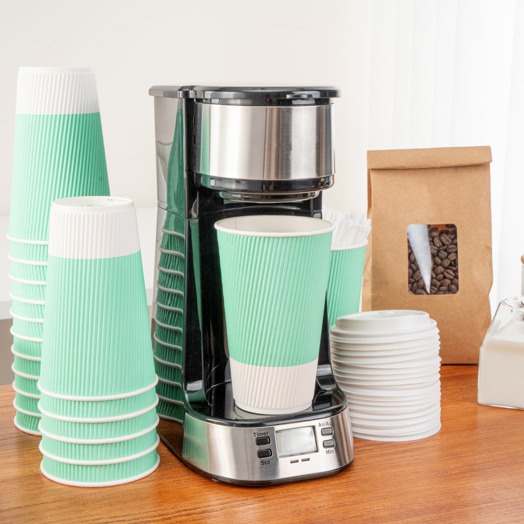 Restpresso 16 oz Light Green Paper Ripple Wall Coffee Cup - with White Lid - 3 1/2" x 3 1/2" x 6 1/4" - 200 count box