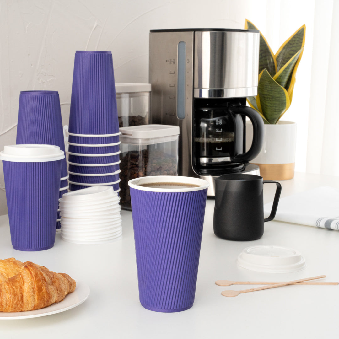 Restpresso 16 oz Royal Purple Paper Ripple Wall Coffee Cup - with White Lid - 3 1/2" x 3 1/2" x 6 1/4" - 20 count box