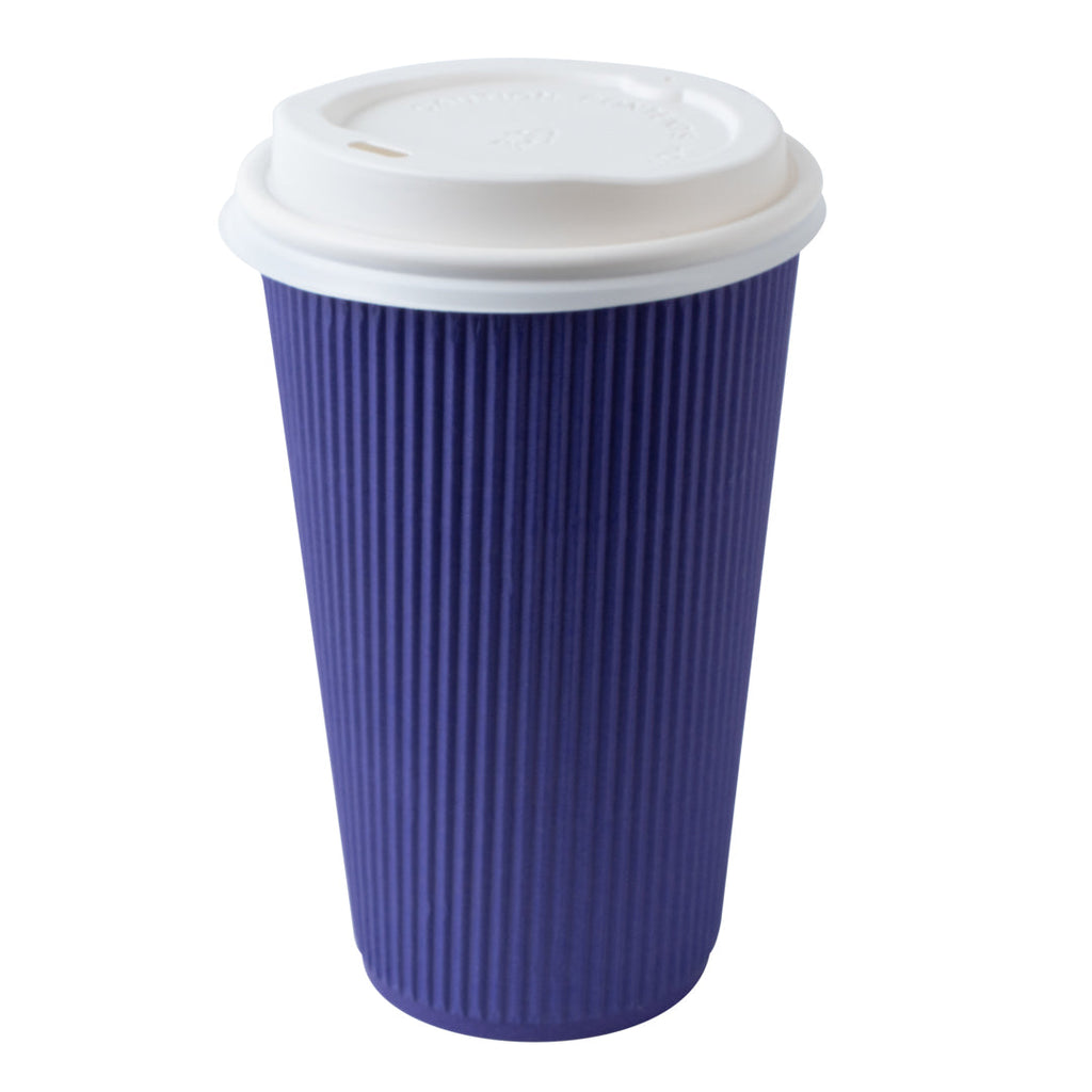 Restpresso 16 oz Royal Purple Paper Ripple Wall Coffee Cup - with White Lid - 3 1/2" x 3 1/2" x 6 1/4" - 20 count box