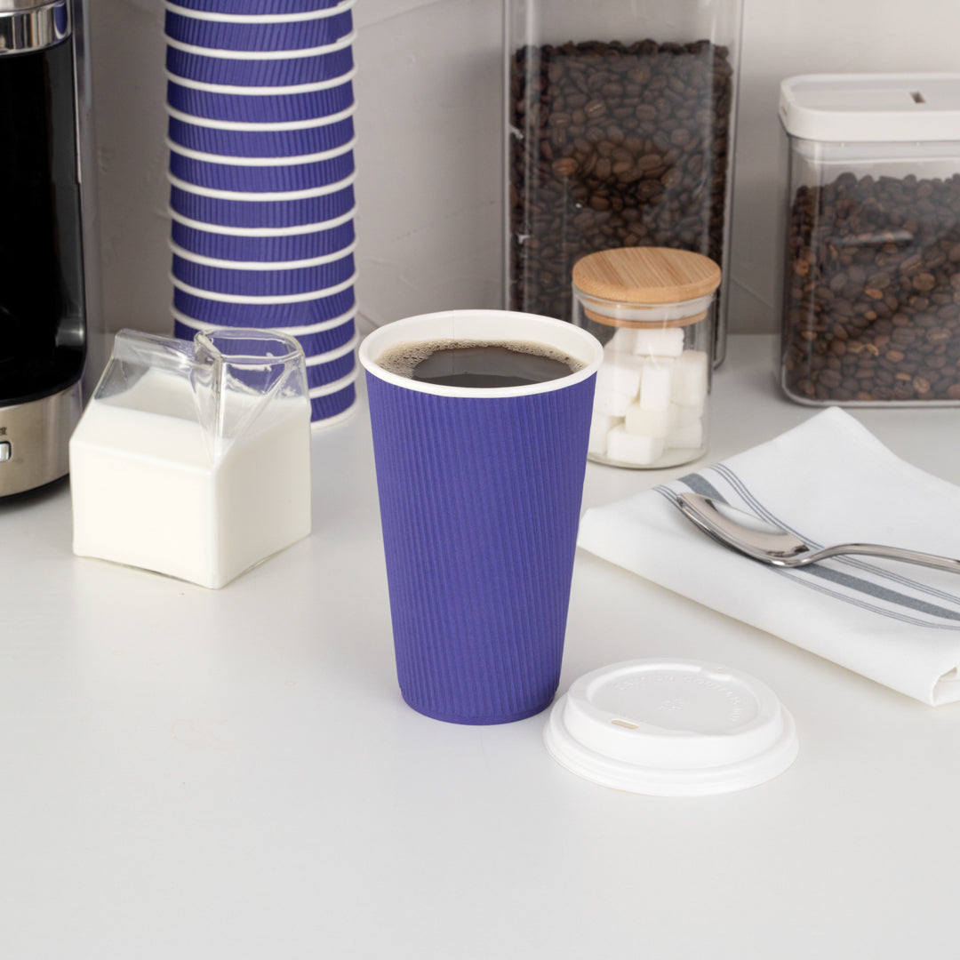 Restpresso 16 oz Royal Purple Paper Ripple Wall Coffee Cup - with White Lid - 3 1/2" x 3 1/2" x 6 1/4" - 200 count box
