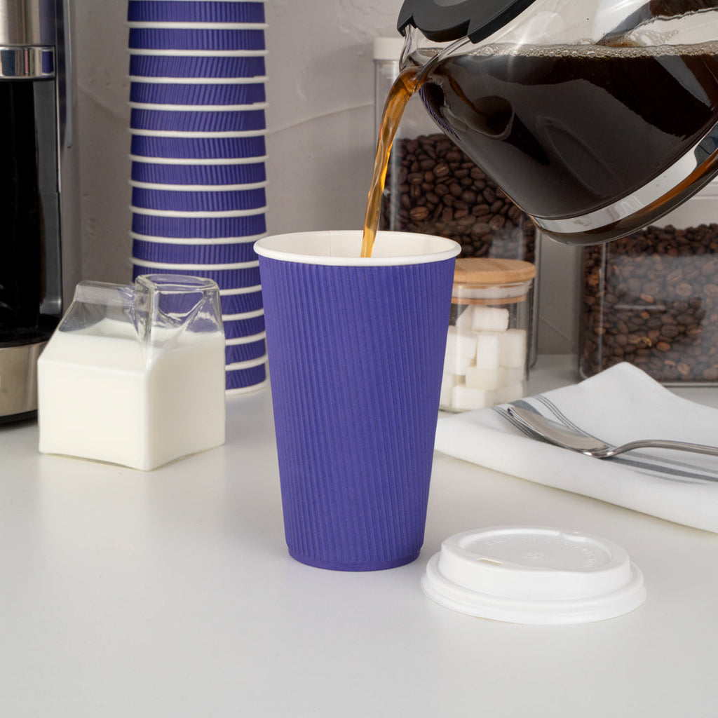 Restpresso 16 oz Royal Purple Paper Ripple Wall Coffee Cup - with White Lid - 3 1/2" x 3 1/2" x 6 1/4" - 200 count box