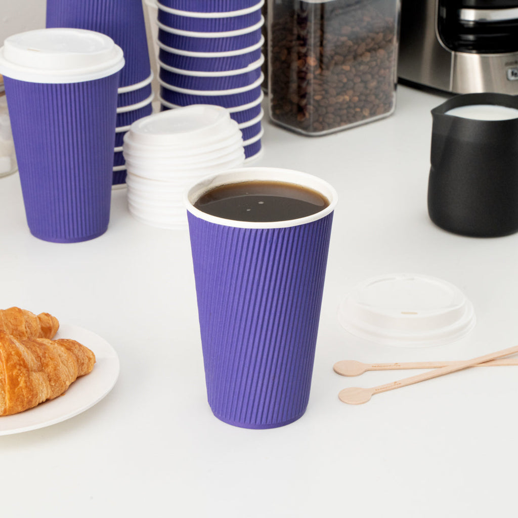 Restpresso 16 oz Royal Purple Paper Ripple Wall Coffee Cup - with White Lid - 3 1/2" x 3 1/2" x 6 1/4" - 200 count box