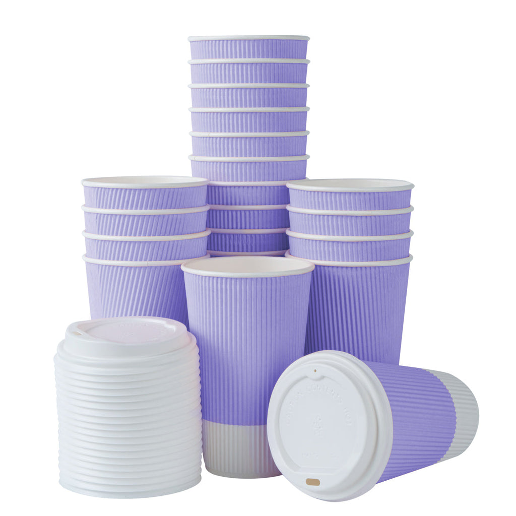 Restpresso 16 oz Light Purple Paper Ripple Wall Coffee Cup - with White Lid - 3 1/2" x 3 1/2" x 6 1/4" - 200 count box