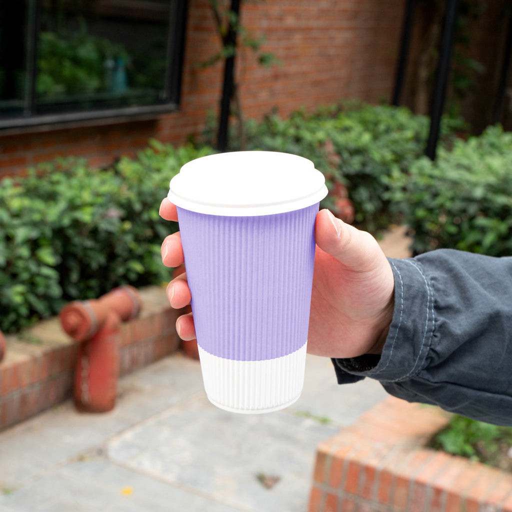 Restpresso 16 oz Light Purple Paper Ripple Wall Coffee Cup - with White Lid - 3 1/2" x 3 1/2" x 6 1/4" - 20 count box