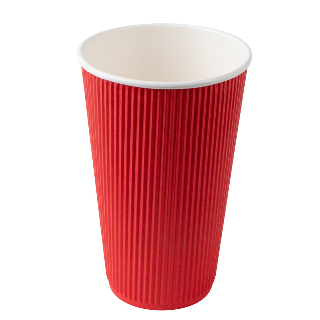 Restpresso 16 oz Red Paper Ripple Wall Coffee Cup - with White Lid - 3 1/2" x 3 1/2" x 6 1/4" - 20 count box