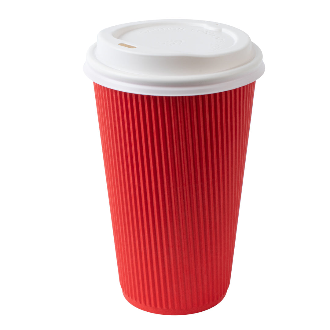 Restpresso 16 oz Red Paper Ripple Wall Coffee Cup - with White Lid - 3 1/2" x 3 1/2" x 6 1/4" - 200 count box