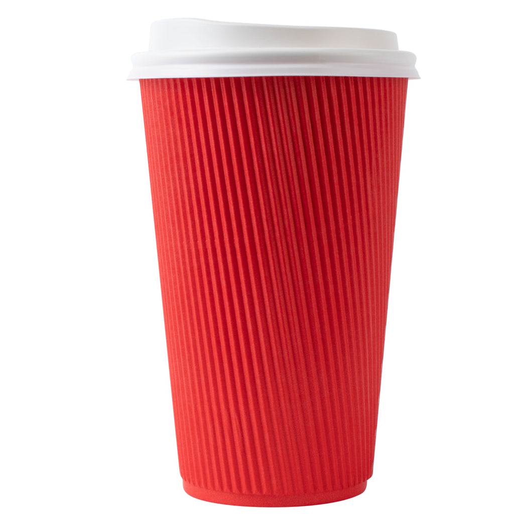 Restpresso 16 oz Red Paper Ripple Wall Coffee Cup - with White Lid - 3 1/2" x 3 1/2" x 6 1/4" - 200 count box