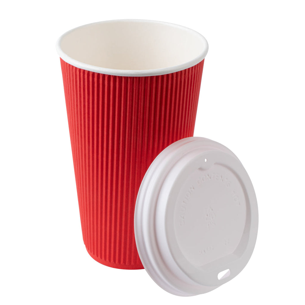 Restpresso 16 oz Red Paper Ripple Wall Coffee Cup - with White Lid - 3 1/2" x 3 1/2" x 6 1/4" - 200 count box