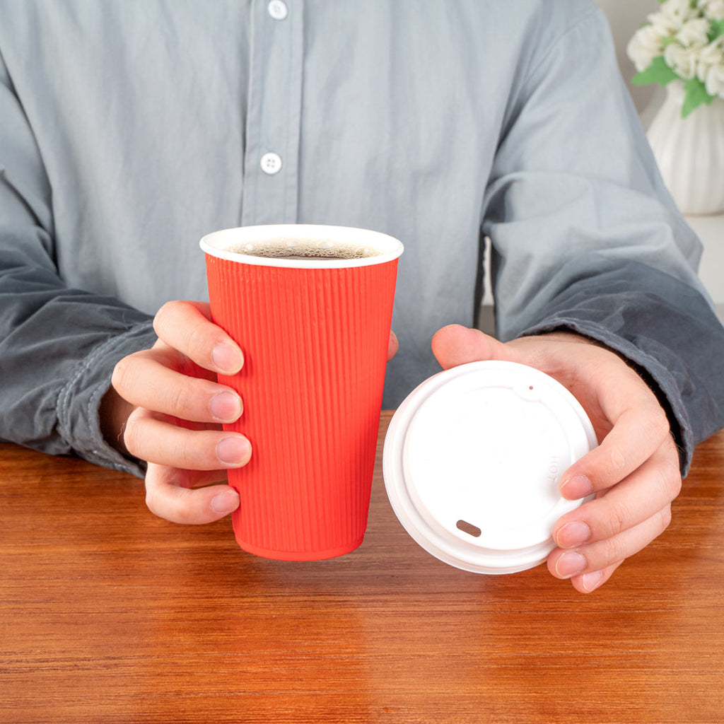 Restpresso 16 oz Red Paper Ripple Wall Coffee Cup - with White Lid - 3 1/2" x 3 1/2" x 6 1/4" - 200 count box