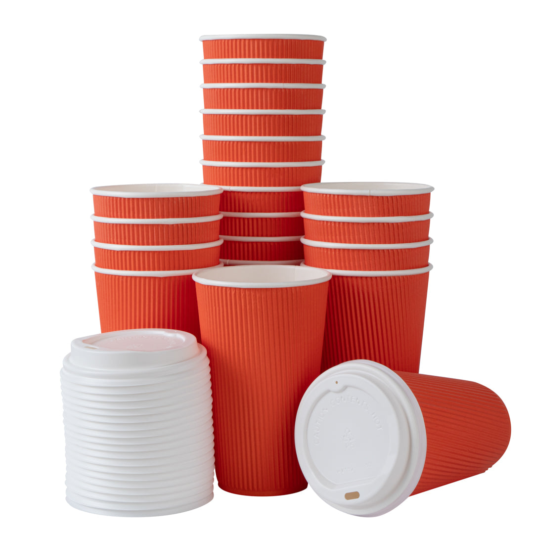 Restpresso 16 oz Tangerine Orange Paper Ripple Wall Coffee Cup - with White Lid - 3 1/2" x 3 1/2" x 6 1/4" - 20 count box