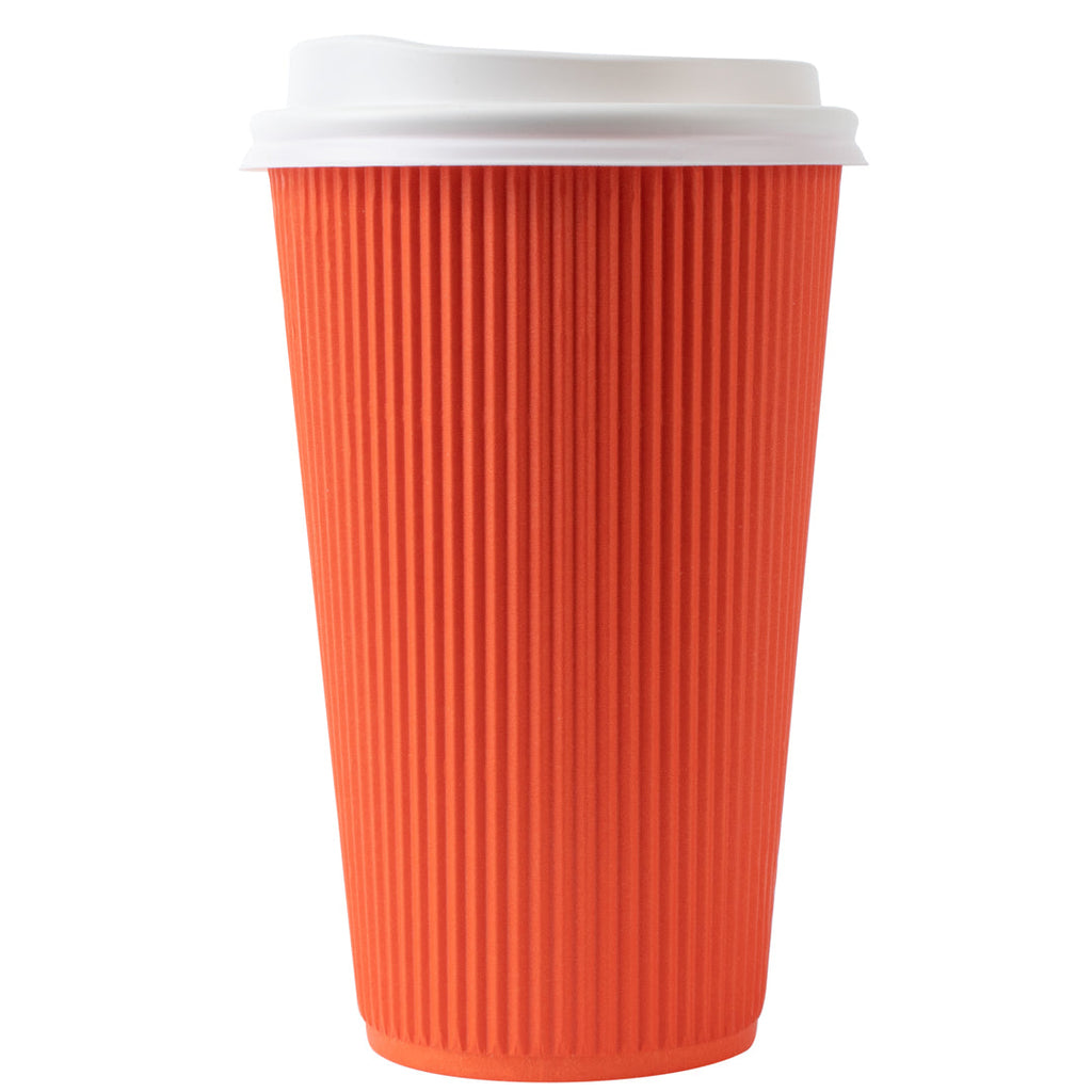 Restpresso 16 oz Tangerine Orange Paper Ripple Wall Coffee Cup - with White Lid - 3 1/2" x 3 1/2" x 6 1/4" - 20 count box