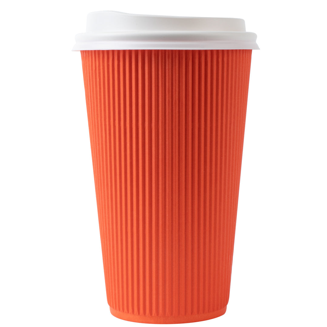 Restpresso 16 oz Tangerine Orange Paper Ripple Wall Coffee Cup - with White Lid - 3 1/2" x 3 1/2" x 6 1/4" - 20 count box