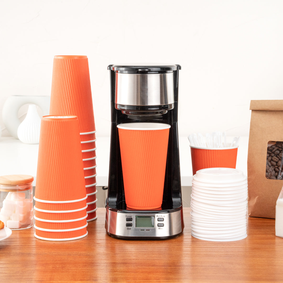 Restpresso 16 oz Tangerine Orange Paper Ripple Wall Coffee Cup - with White Lid - 3 1/2" x 3 1/2" x 6 1/4" - 20 count box
