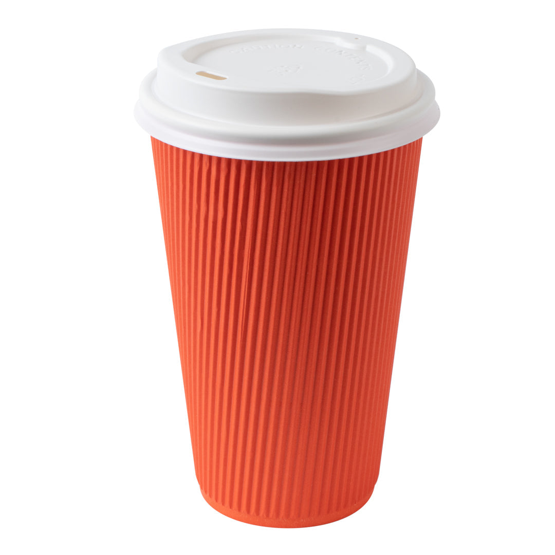 Restpresso 16 oz Tangerine Orange Paper Ripple Wall Coffee Cup - with White Lid - 3 1/2" x 3 1/2" x 6 1/4" - 200 count box