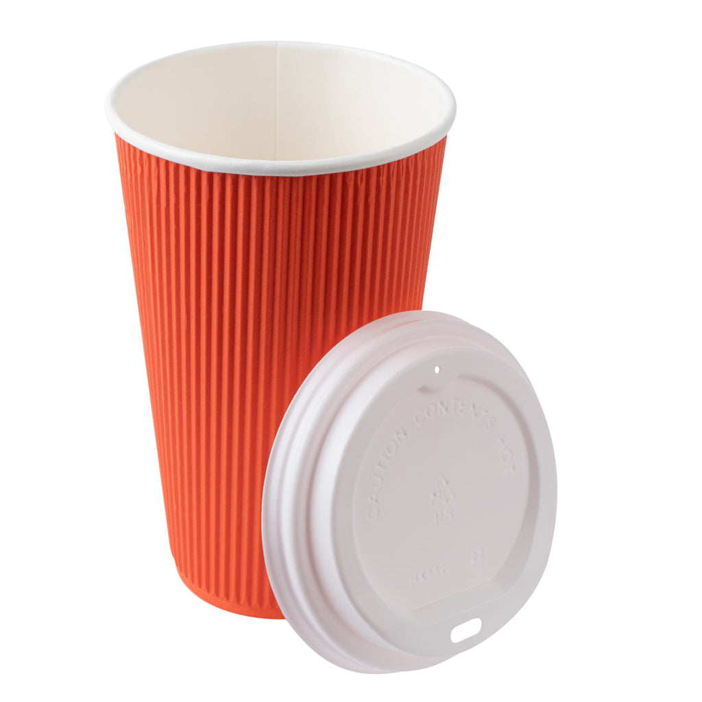 Restpresso 16 oz Tangerine Orange Paper Ripple Wall Coffee Cup - with White Lid - 3 1/2" x 3 1/2" x 6 1/4" - 200 count box
