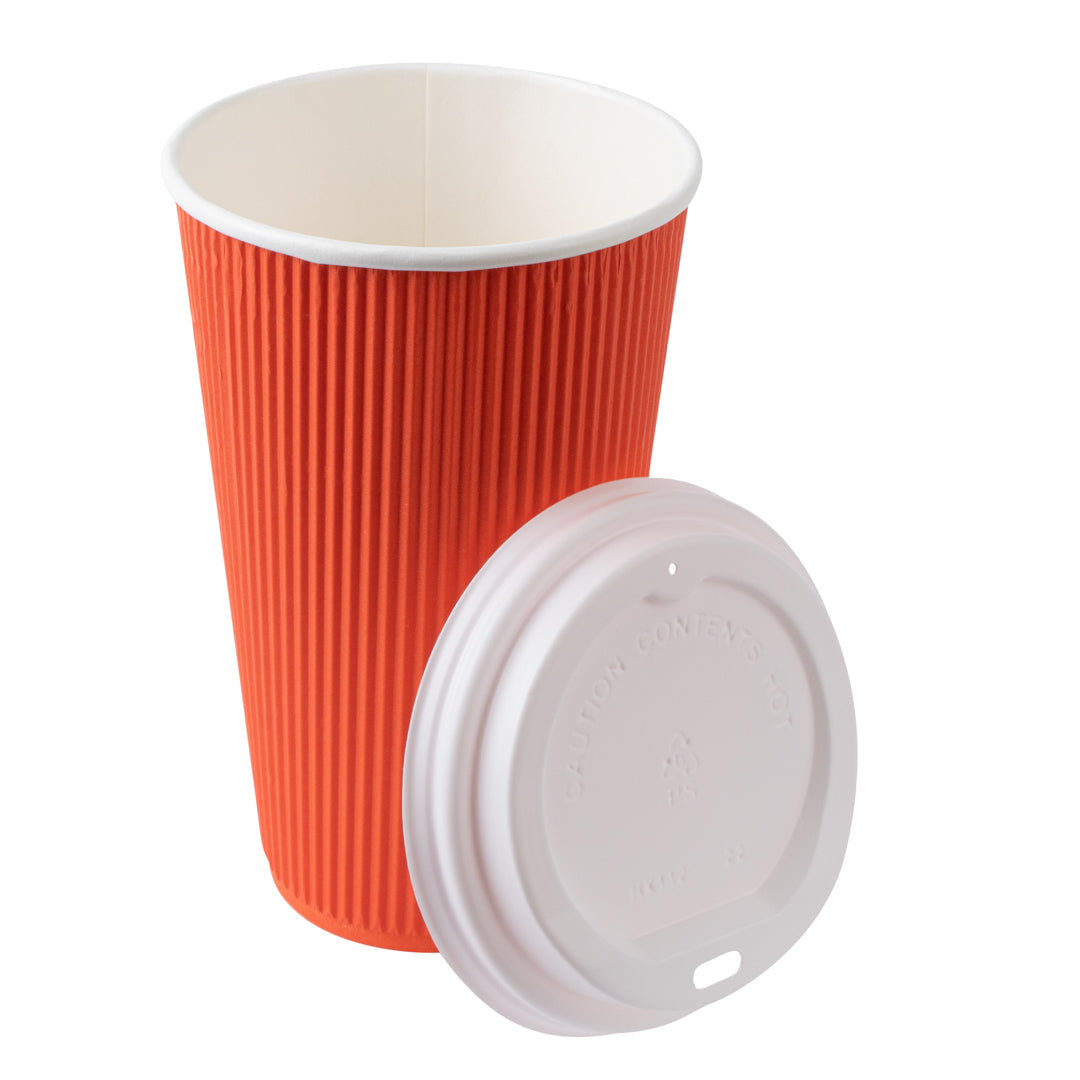 Restpresso 16 oz Tangerine Orange Paper Ripple Wall Coffee Cup - with White Lid - 3 1/2" x 3 1/2" x 6 1/4" - 200 count box