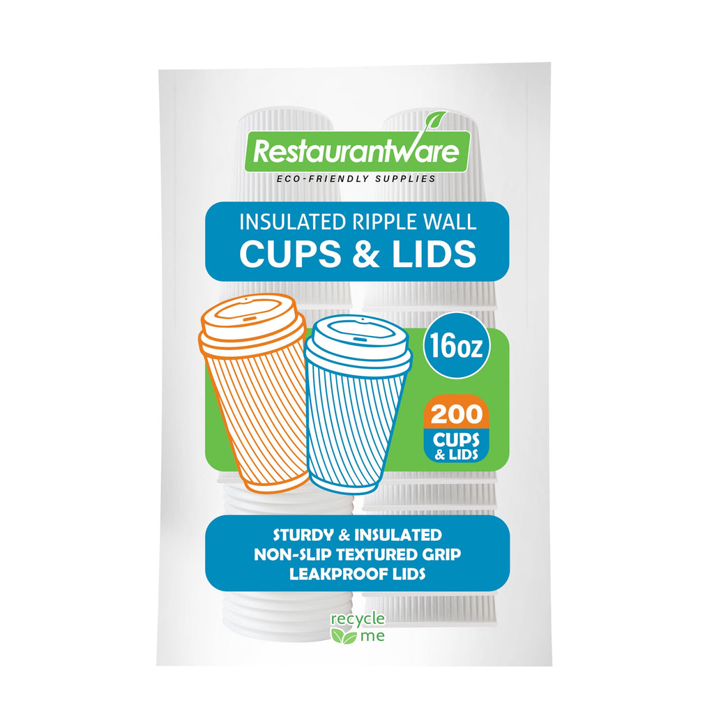 Restpresso 16 oz White Paper Ripple Wall Coffee Cup - with White Lid - 3 1/2" x 3 1/2" x 6 1/4" - 200 count box
