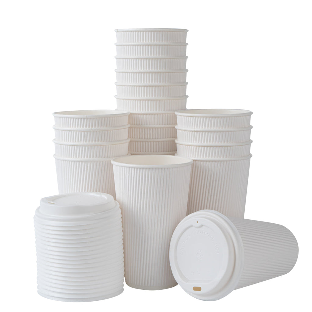 Restpresso 16 oz White Paper Ripple Wall Coffee Cup - with White Lid - 3 1/2" x 3 1/2" x 6 1/4" - 20 count box