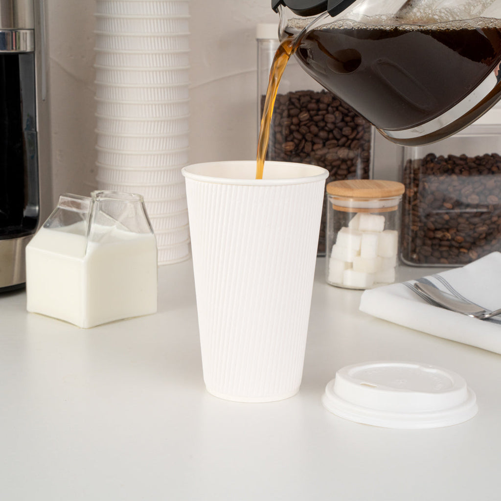 Restpresso 16 oz White Paper Ripple Wall Coffee Cup - with White Lid - 3 1/2" x 3 1/2" x 6 1/4" - 20 count box