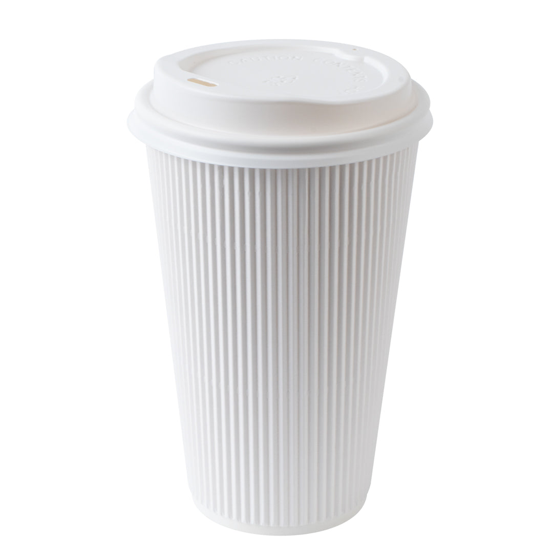 Restpresso 16 oz White Paper Ripple Wall Coffee Cup - with White Lid - 3 1/2" x 3 1/2" x 6 1/4" - 200 count box
