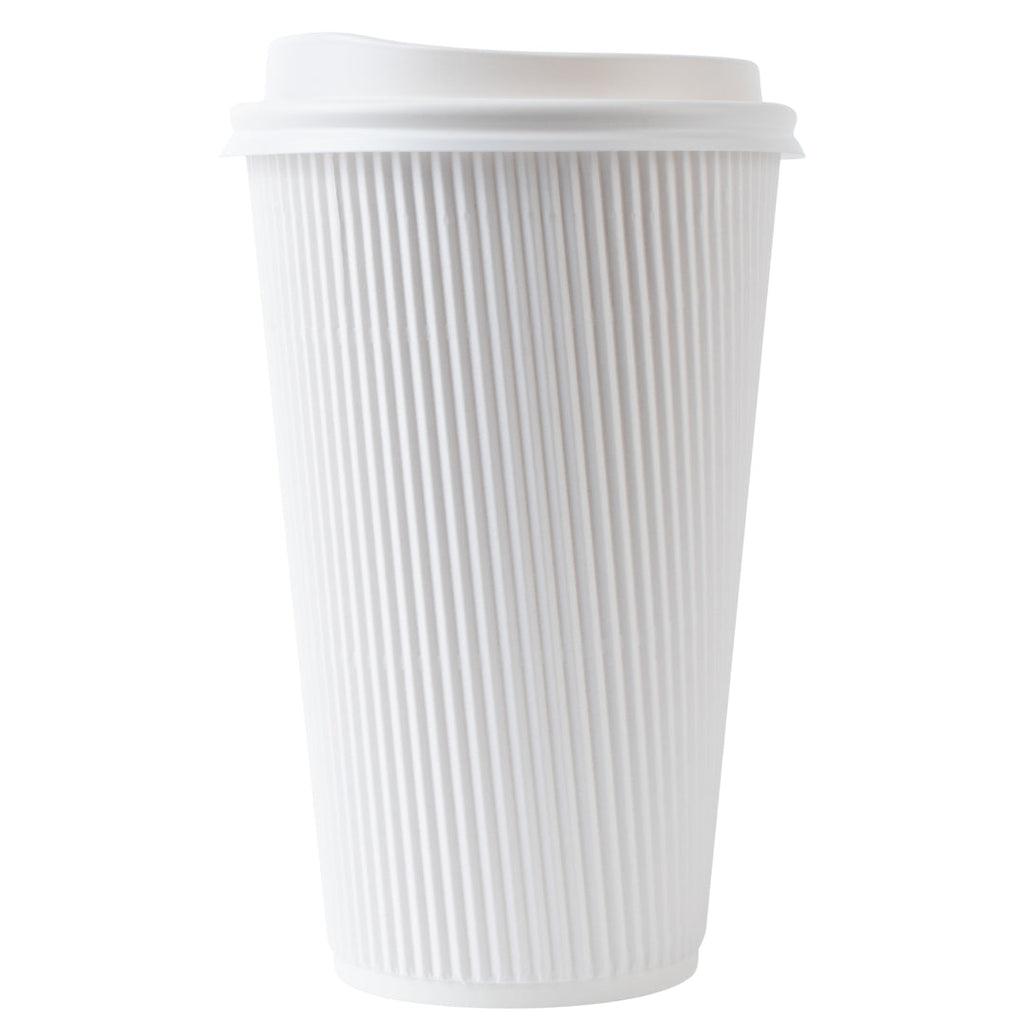 Restpresso 16 oz White Paper Ripple Wall Coffee Cup - with White Lid - 3 1/2" x 3 1/2" x 6 1/4" - 200 count box
