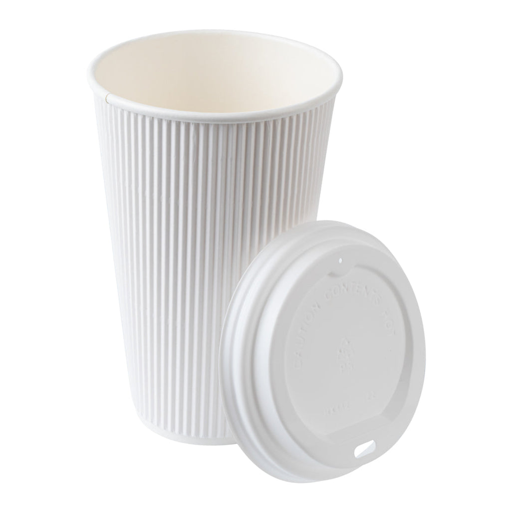 Restpresso 16 oz White Paper Ripple Wall Coffee Cup - with White Lid - 3 1/2" x 3 1/2" x 6 1/4" - 200 count box