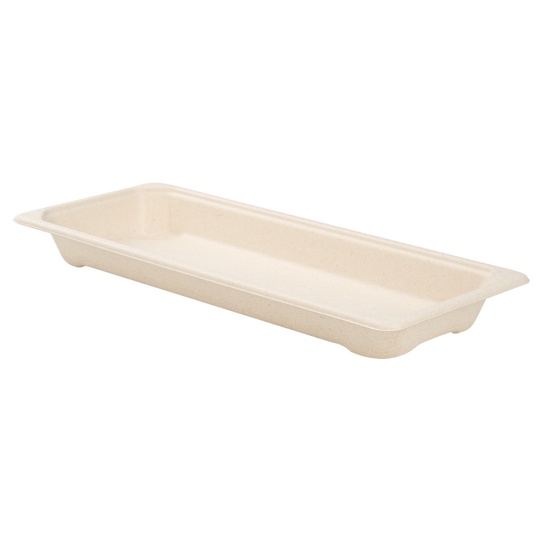 Pulp Tek Rectangle Natural Sugarcane / Bagasse Long Sushi Tray - 8 3/4" x 3 1/2" x 3/4" - 100 count box