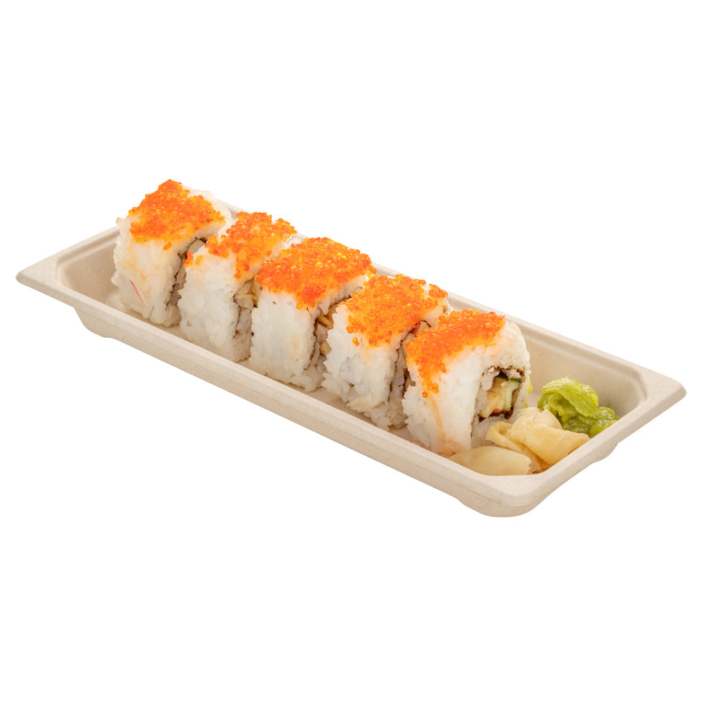 Pulp Tek Rectangle Natural Sugarcane / Bagasse Long Sushi Tray - 8 3/4" x 3 1/2" x 3/4" - 100 count box