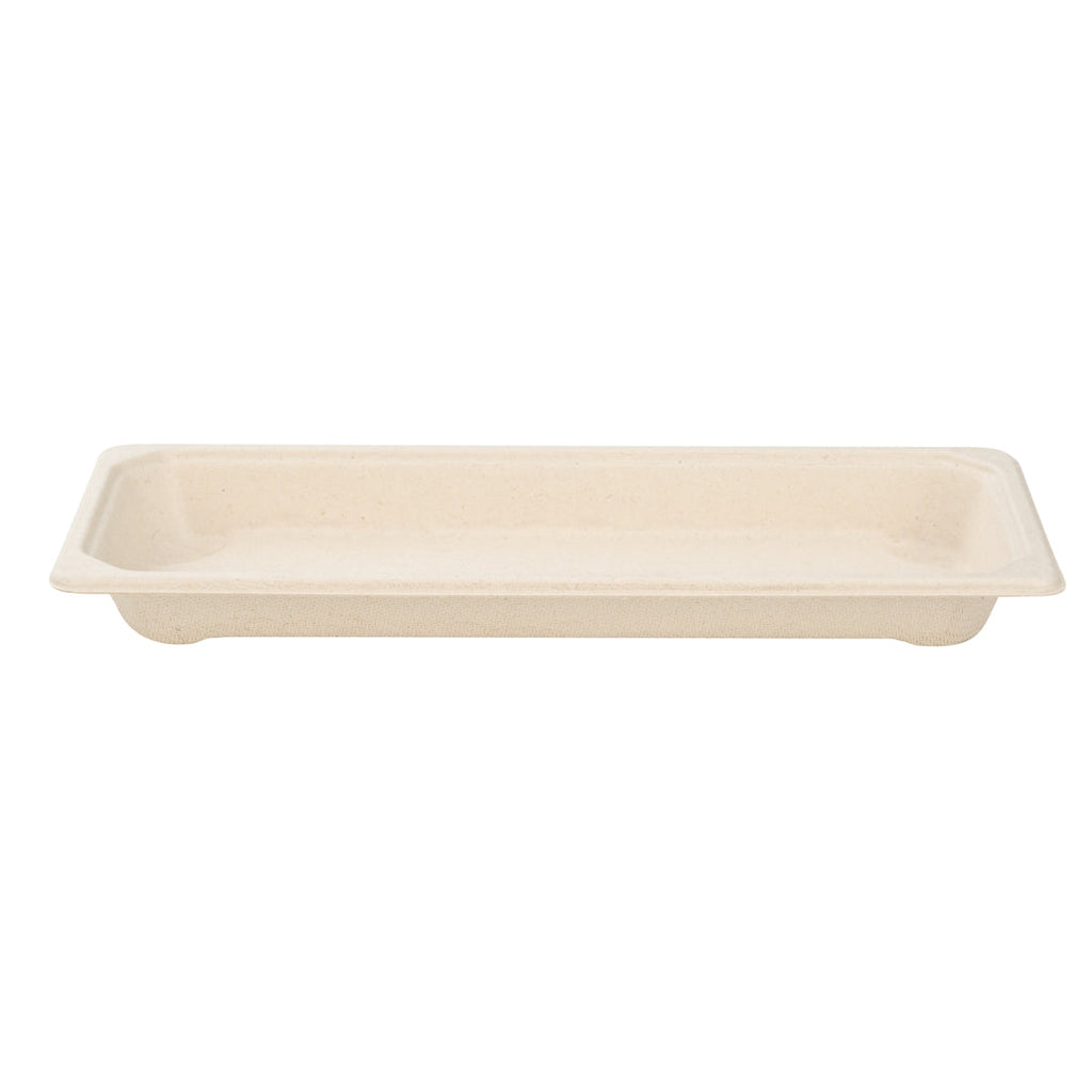 Pulp Tek Rectangle Natural Sugarcane / Bagasse Long Sushi Tray - 8 3/4" x 3 1/2" x 3/4" - 100 count box