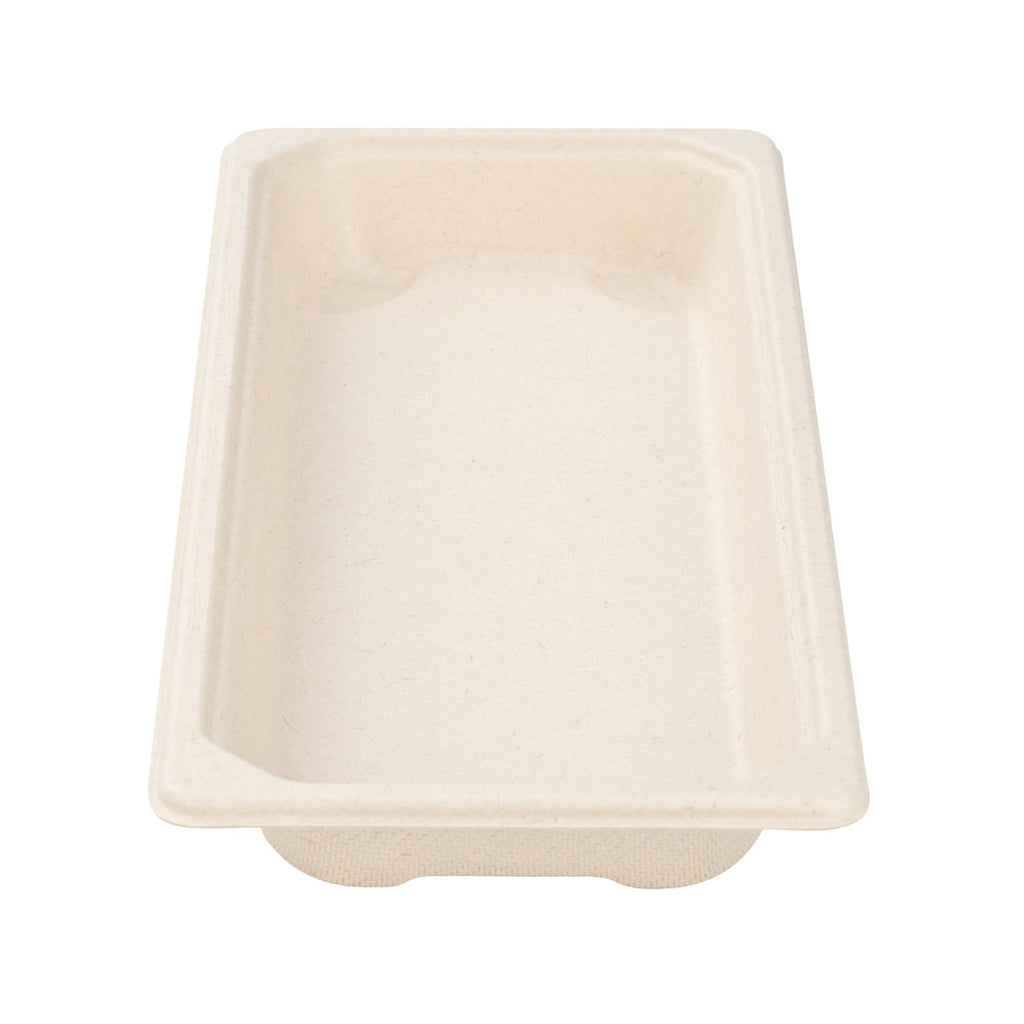 Pulp Tek Rectangle Natural Sugarcane / Bagasse Long Sushi Tray - 8 3/4" x 3 1/2" x 3/4" - 100 count box