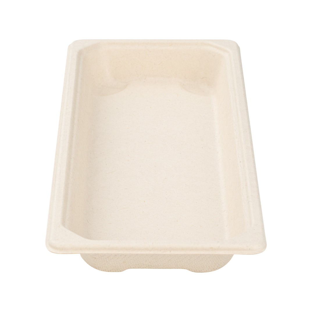 Pulp Tek Rectangle Natural Sugarcane / Bagasse Long Sushi Tray - 8 3/4" x 3 1/2" x 3/4" - 100 count box