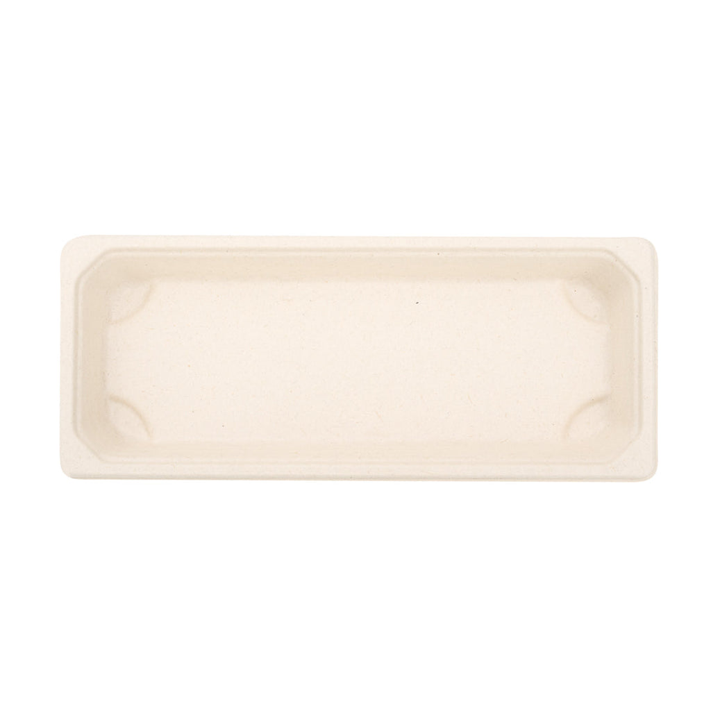 Pulp Tek Rectangle Natural Sugarcane / Bagasse Long Sushi Tray - 8 3/4" x 3 1/2" x 3/4" - 100 count box