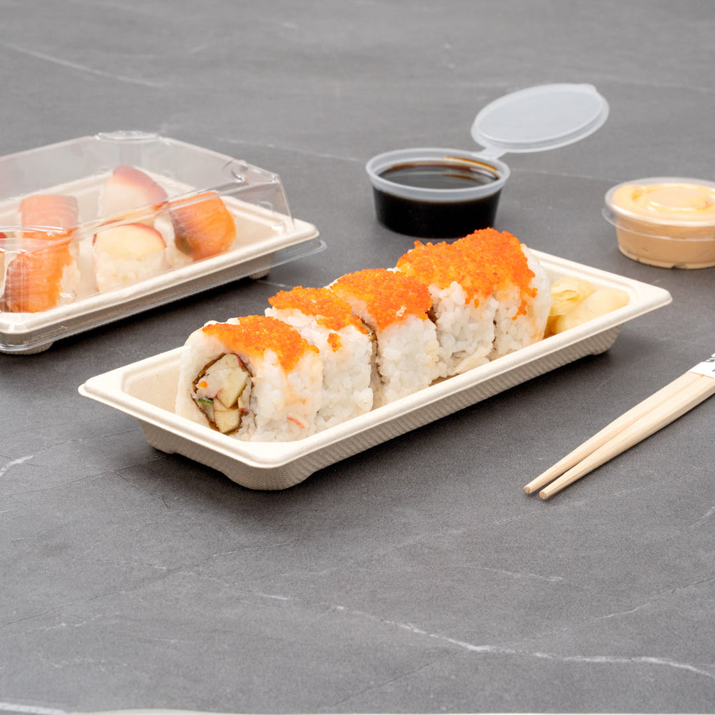Pulp Tek Rectangle Natural Sugarcane / Bagasse Long Sushi Tray - 8 3/4" x 3 1/2" x 3/4" - 100 count box
