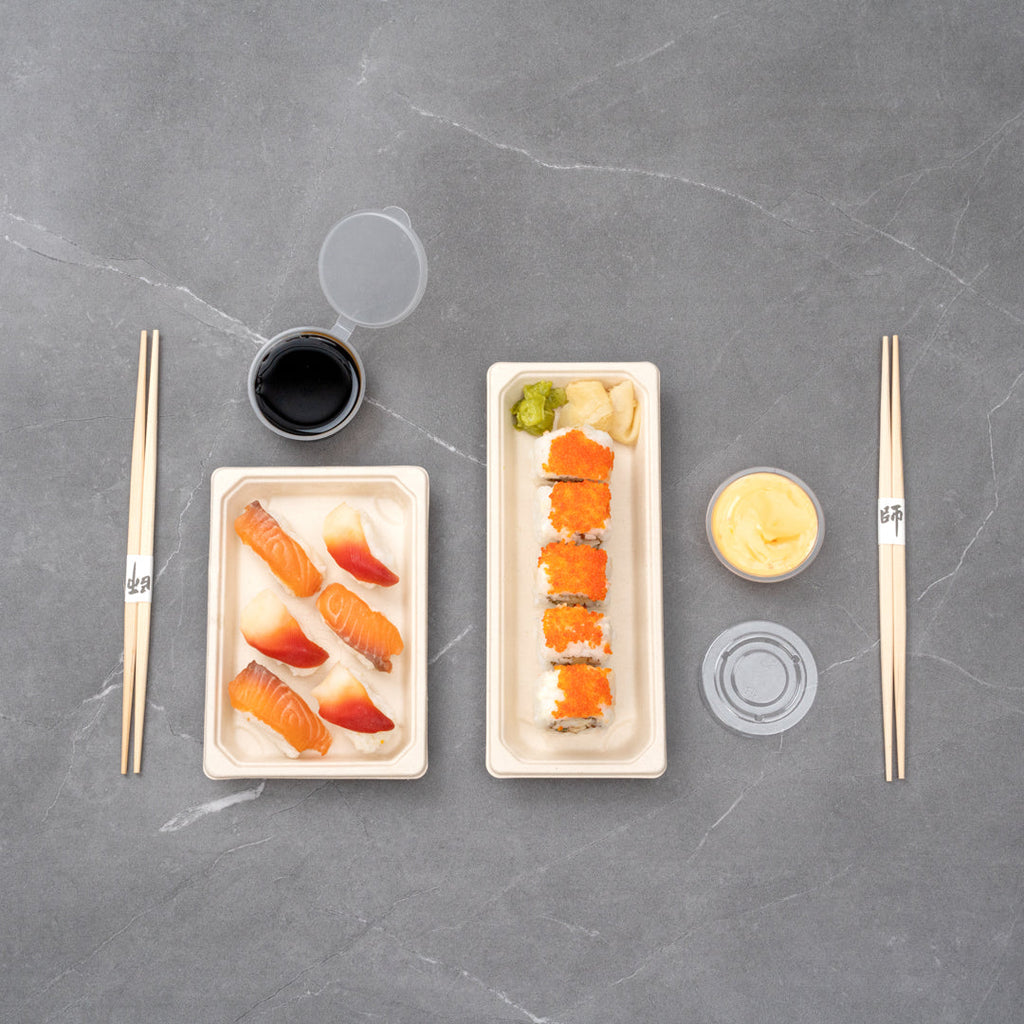 Pulp Tek Rectangle Natural Sugarcane / Bagasse Long Sushi Tray - 8 3/4" x 3 1/2" x 3/4" - 100 count box