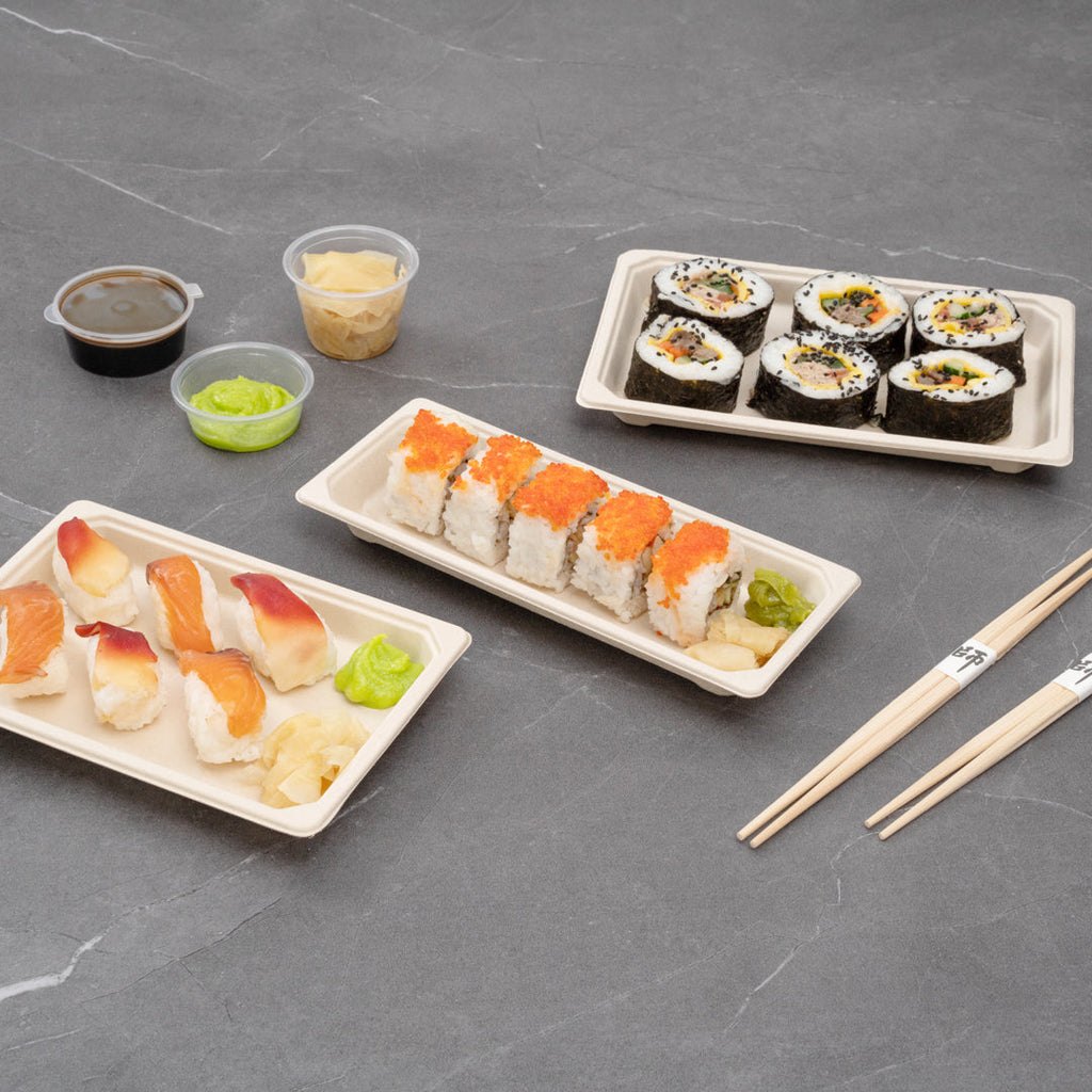 Pulp Tek Rectangle Natural Sugarcane / Bagasse Long Sushi Tray - 8 3/4" x 3 1/2" x 3/4" - 100 count box