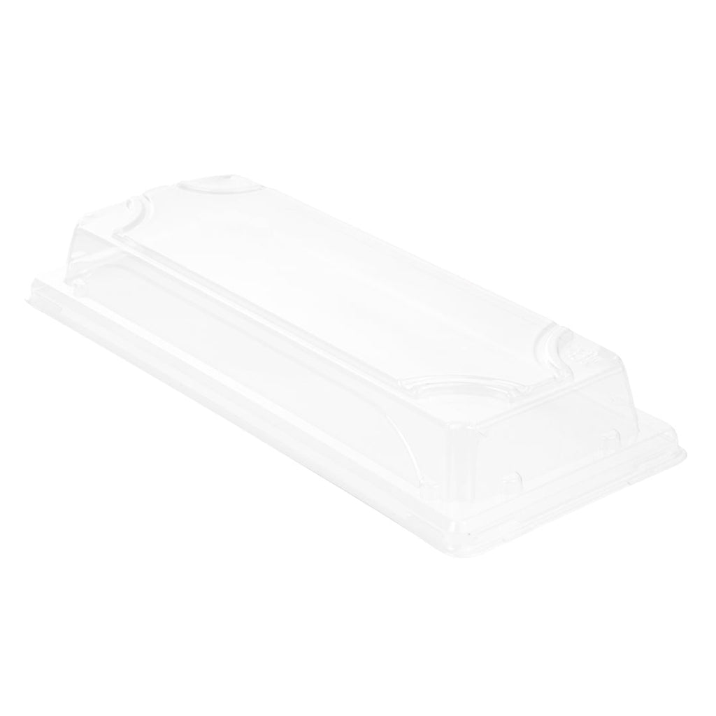 Pulp Tek Rectangle Clear Plastic Lid - Fits Long Sushi Tray - 8 3/4" x 3 3/4" x 1 1/4" - 100 count box