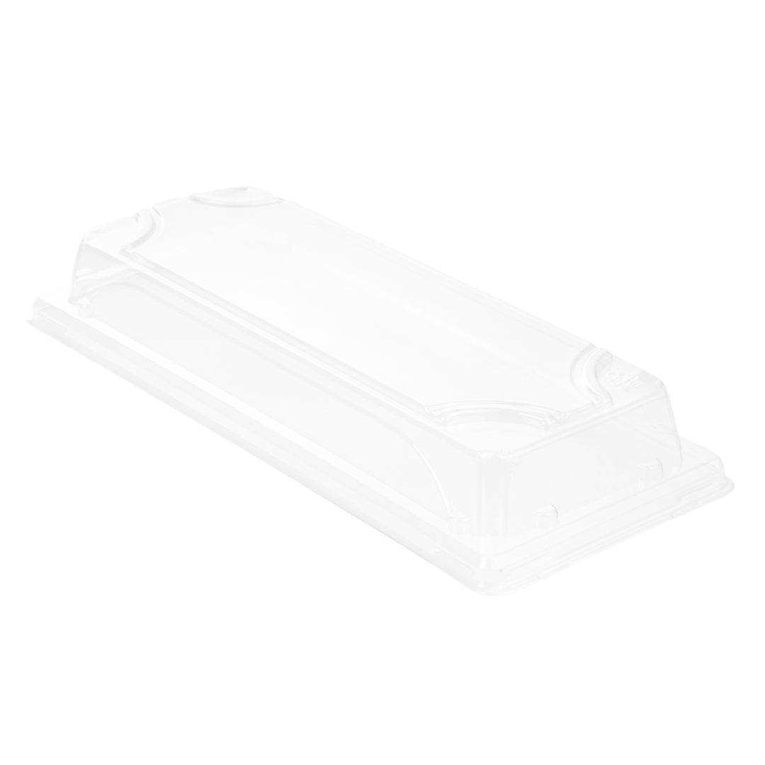 Pulp Tek Rectangle Clear Plastic Lid - Fits Long Sushi Tray - 8 3/4" x 3 3/4" x 1 1/4" - 100 count box
