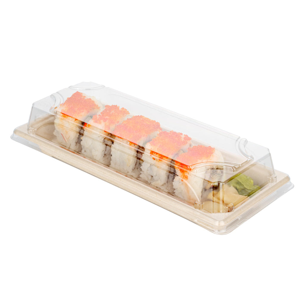 Pulp Tek Rectangle Clear Plastic Lid - Fits Long Sushi Tray - 8 3/4" x 3 3/4" x 1 1/4" - 100 count box
