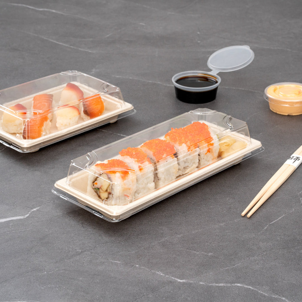 Pulp Tek Rectangle Clear Plastic Lid - Fits Long Sushi Tray - 8 3/4" x 3 3/4" x 1 1/4" - 100 count box