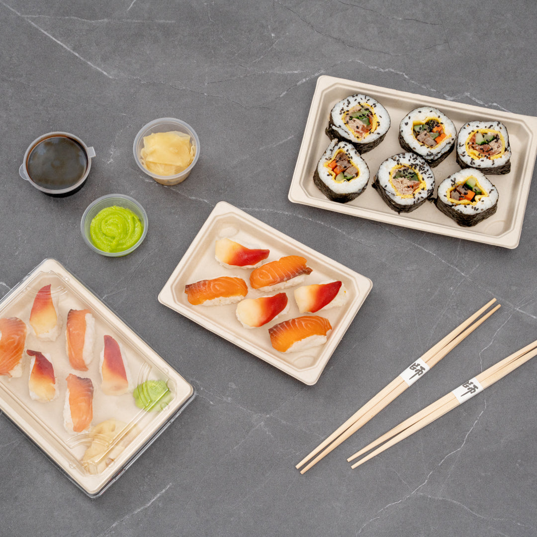 Pulp Tek Rectangle Natural Sugarcane / Bagasse Small Sushi Tray - 6 1/2" x 4 1/2" x 3/4" - 100 count box
