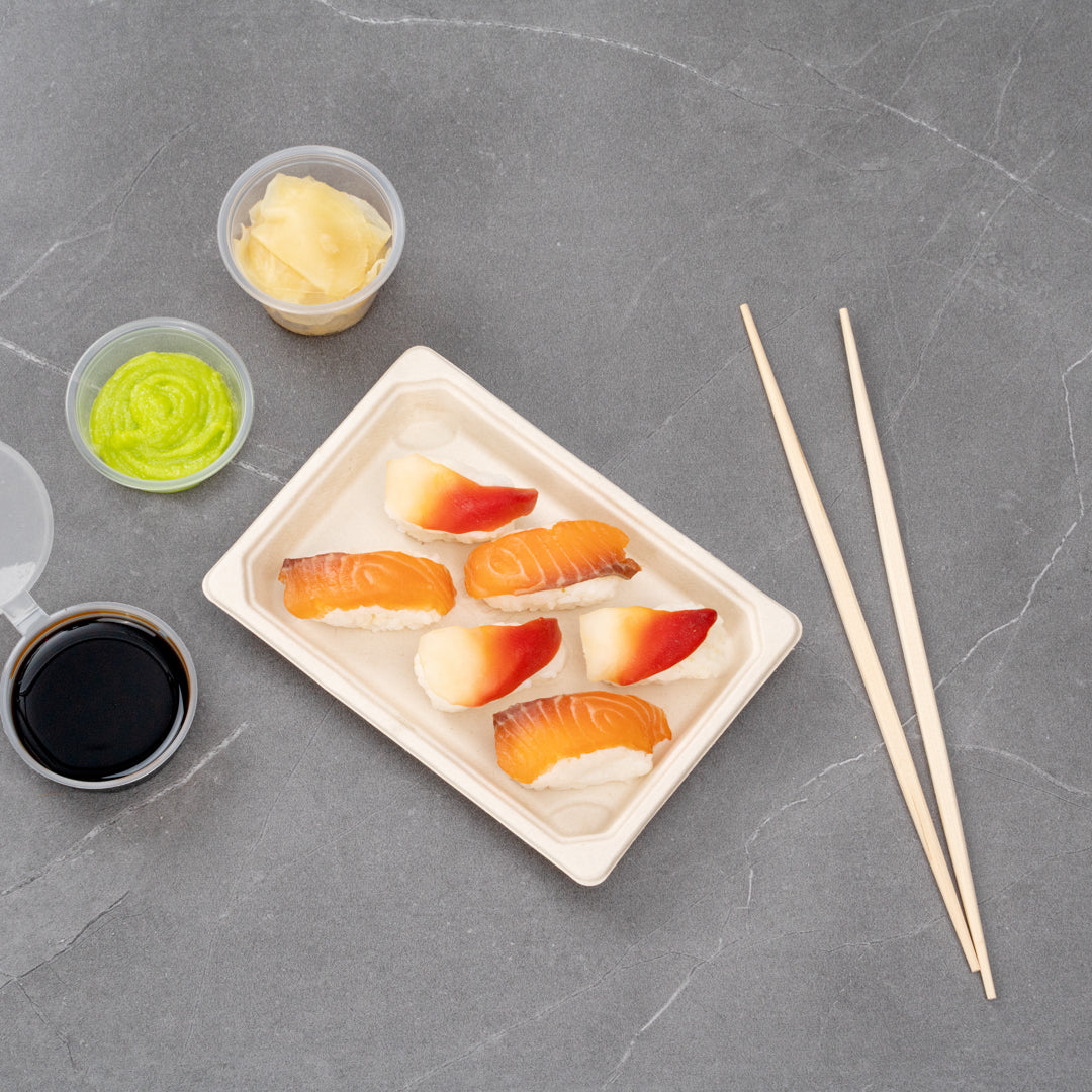 Pulp Tek Rectangle Natural Sugarcane / Bagasse Small Sushi Tray - 6 1/2" x 4 1/2" x 3/4" - 100 count box