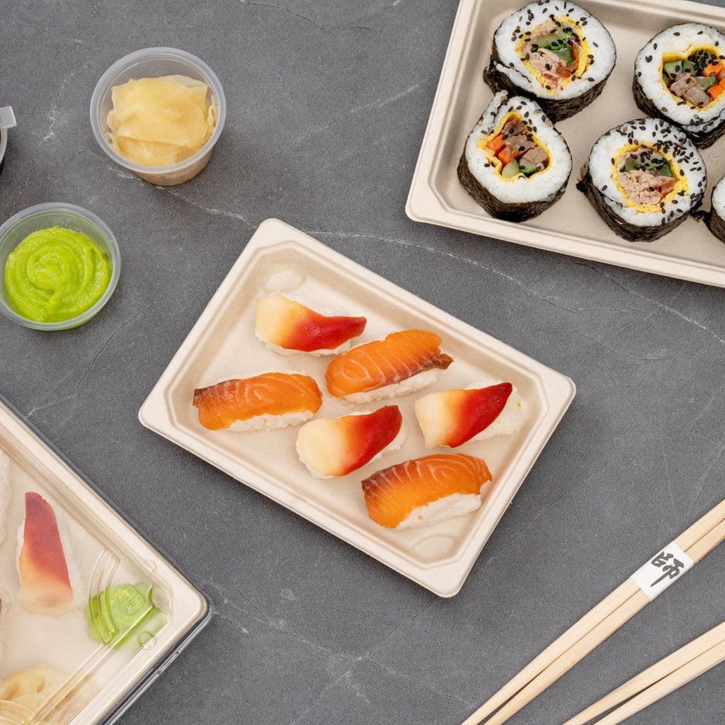 Pulp Tek Rectangle Natural Sugarcane / Bagasse Small Sushi Tray - 6 1/2" x 4 1/2" x 3/4" - 100 count box