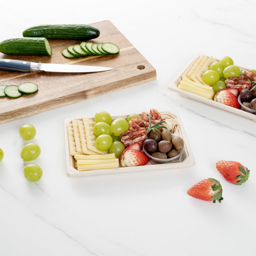 Pulp Tek Rectangle Natural Sugarcane / Bagasse Medium Sushi Tray - 7 1/4" x 5" x 3/4" - 100 count box