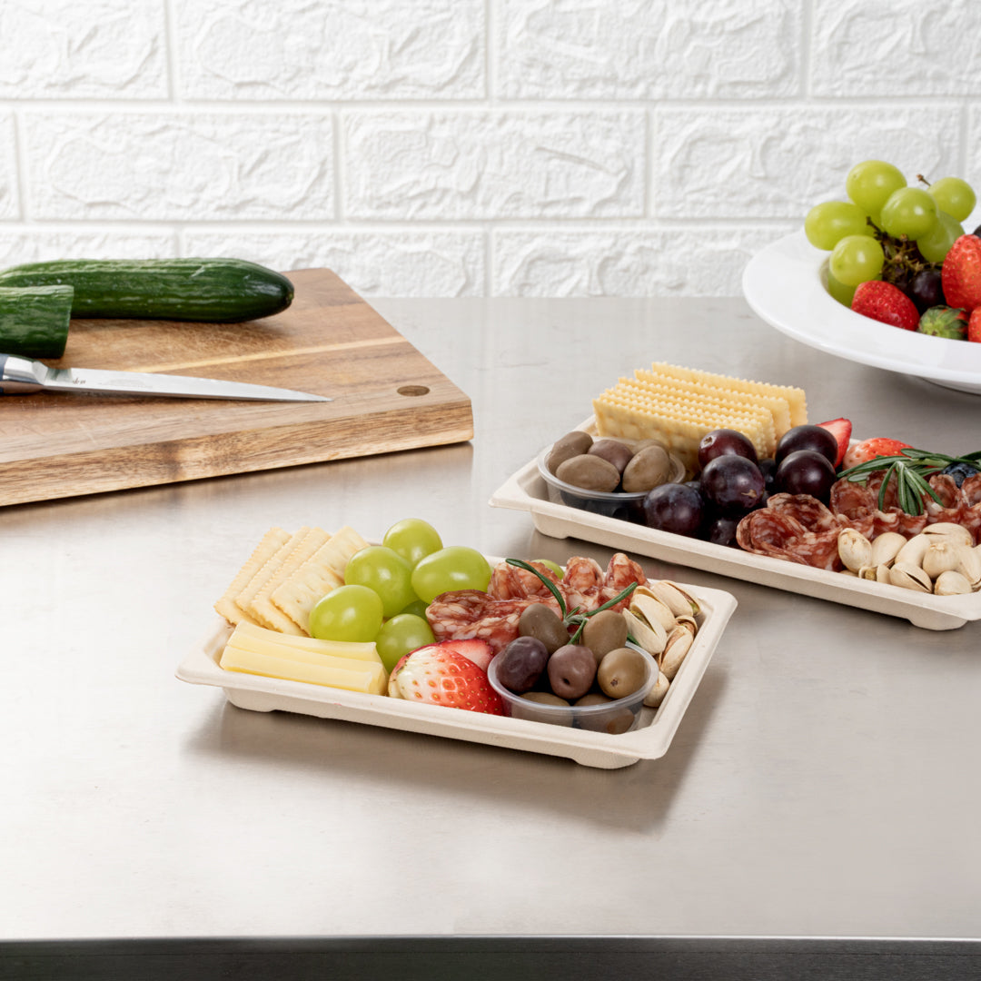 Pulp Tek Rectangle Natural Sugarcane / Bagasse Medium Sushi Tray - 7 1/4" x 5" x 3/4" - 100 count box