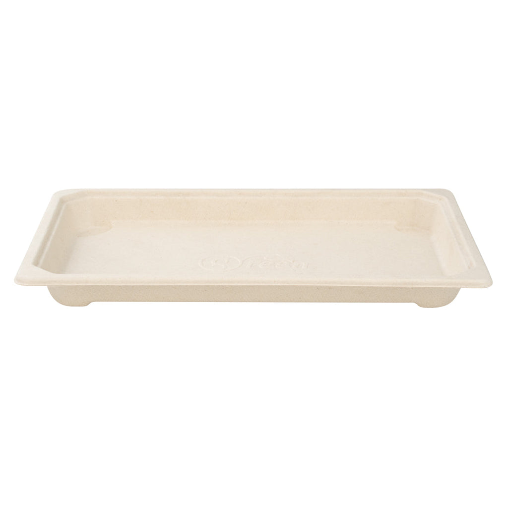 Pulp Tek Rectangle Natural Sugarcane / Bagasse Large Sushi Tray - 8 1/2" x 5 1/4" x 3/4" - 100 count box