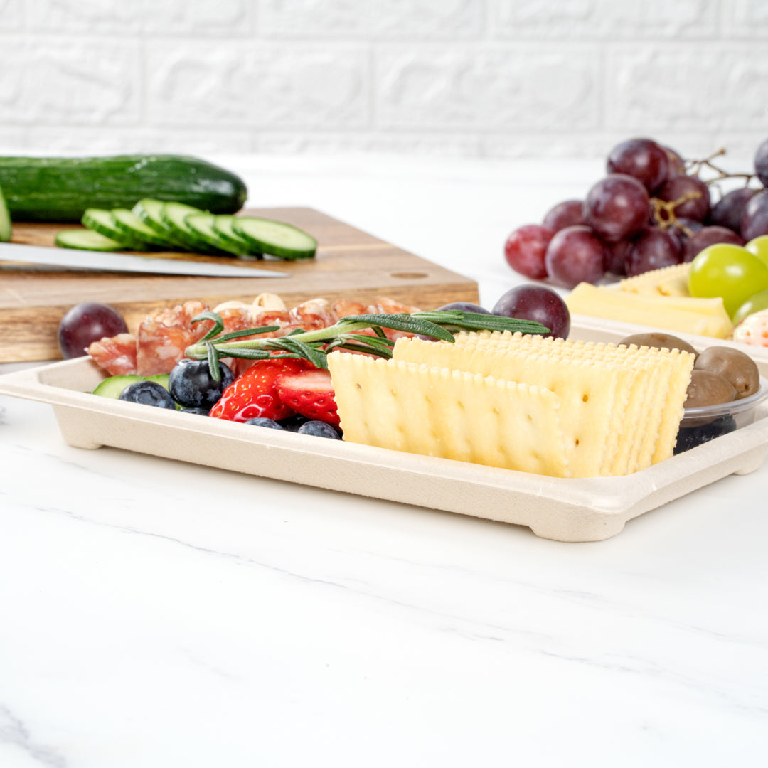 Pulp Tek Rectangle Natural Sugarcane / Bagasse Large Sushi Tray - 8 1/2" x 5 1/4" x 3/4" - 100 count box