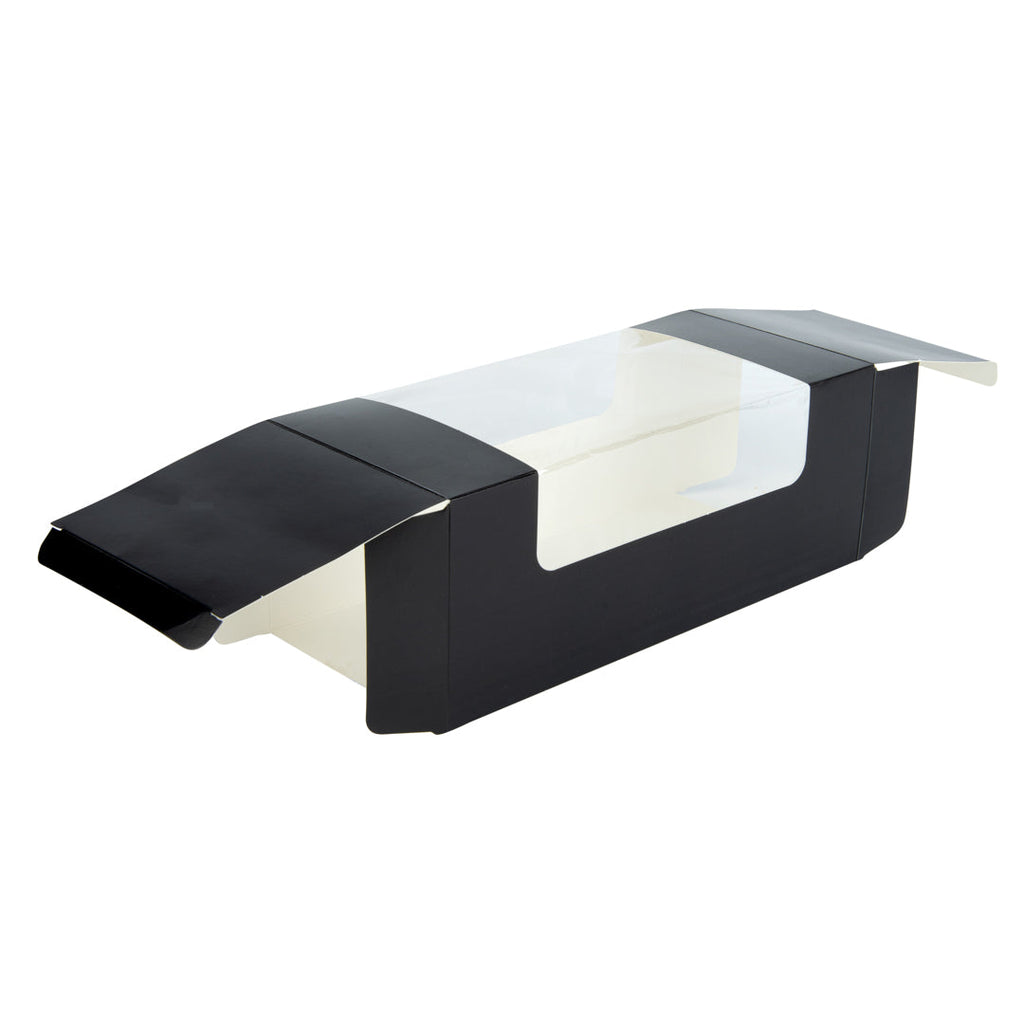 Pastry Tek Black Paper Pastry / Cake Box - with Window - 9 3/4" x 4 3/4" x 4" - 100 count box